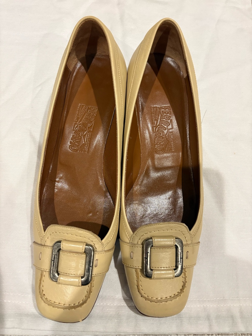 Salvatore Ferragamo Women’s Beige Leather Buckle Pumps
